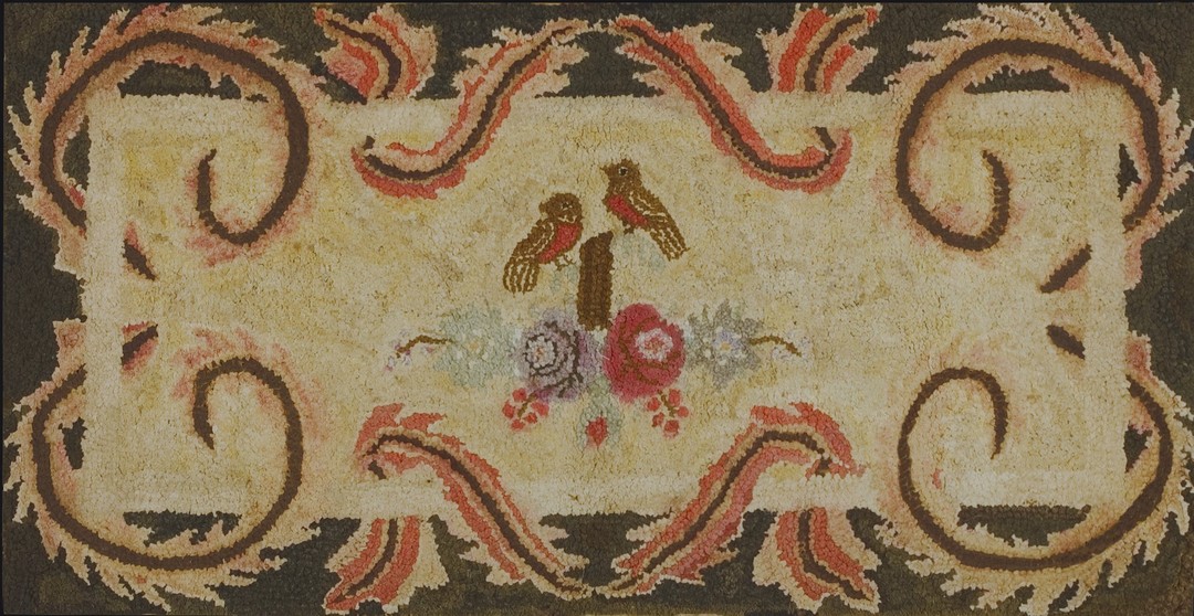 Small scatter size bird design antique ivory cream light color american hooked rug