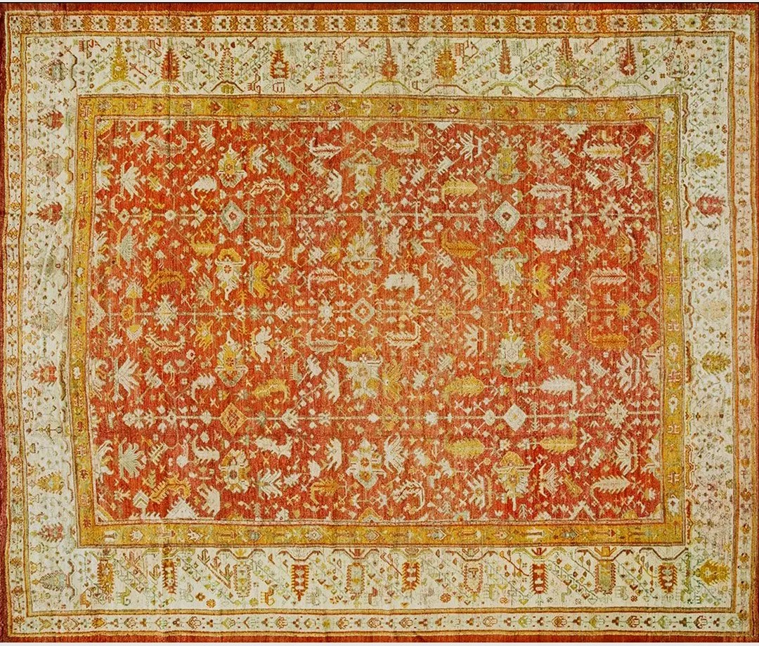 Antique allover tribal design 19th century rustic turkish angora oushak carpet