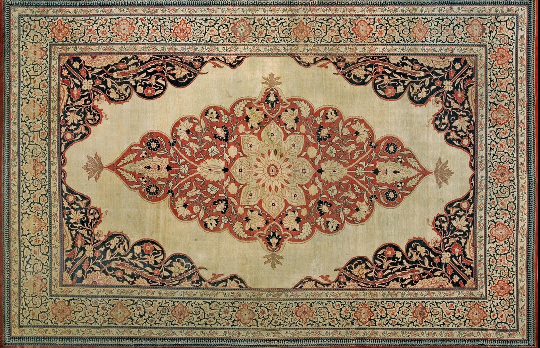 Fine room size antique late 19th century classic ivory open field medallion persian tabriz rug