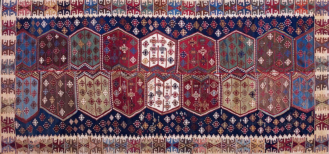 Blue antique tribal geometric mid 19th century turkish kilim long and narrow size flatweave rug