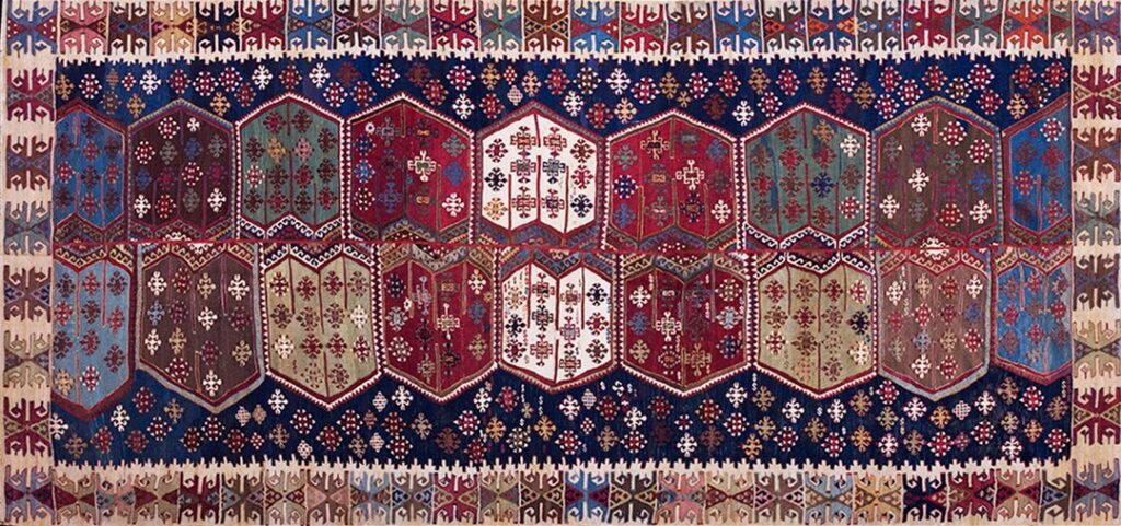 Blue antique tribal geometric mid 19th century turkish kilim long and narrow size flatweave rug
