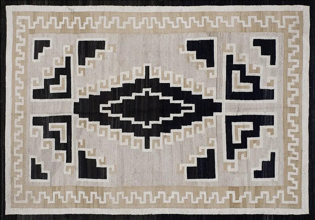 Rare two grey hills design antique gray geometric native american navajo flatweave tribal rug