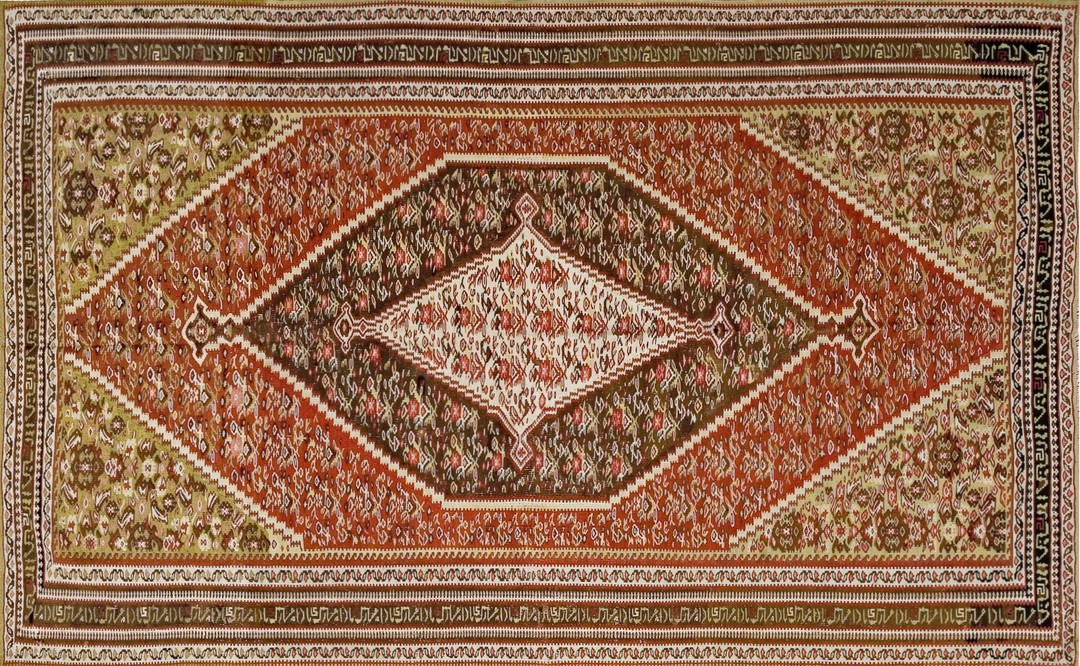 Rustic tribal geometric floral medallion kufic border design small antique persian senneh flatweave rug