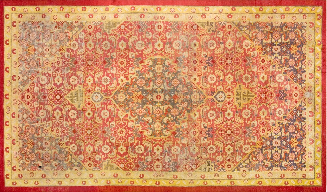 Rustic coral color tribal geometric herati pattern antique indian amritsar carpet