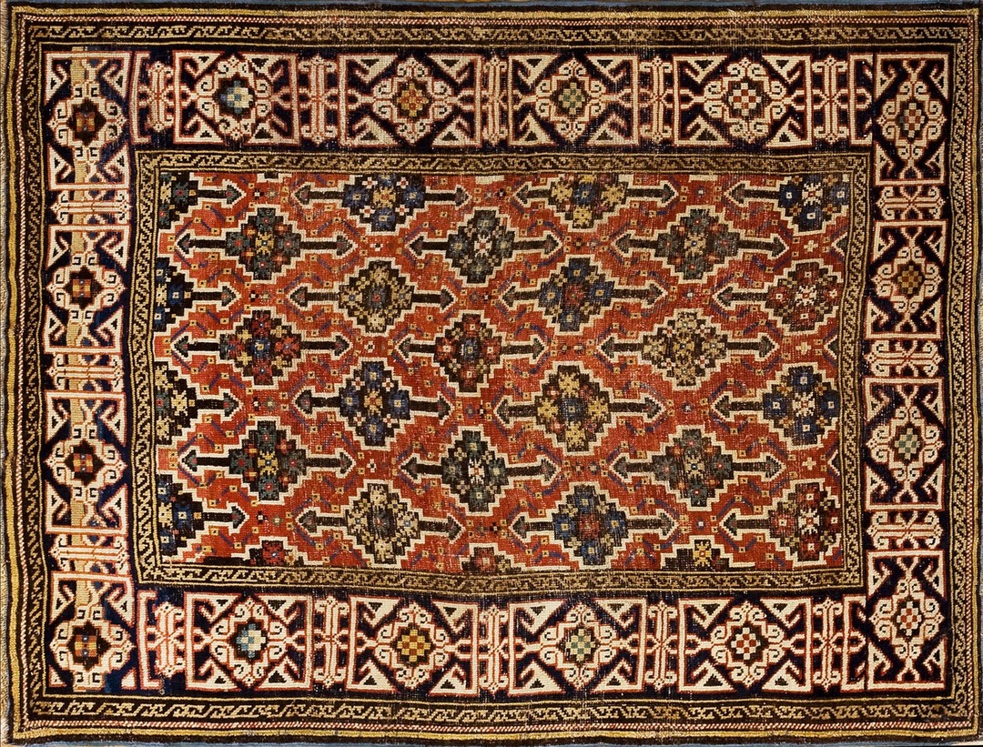 Rustic antique allover tribal geometric design small caucasian kuba rug