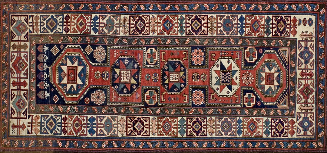 Antique tribal caucasian kuba key hole design blue 1880's rug