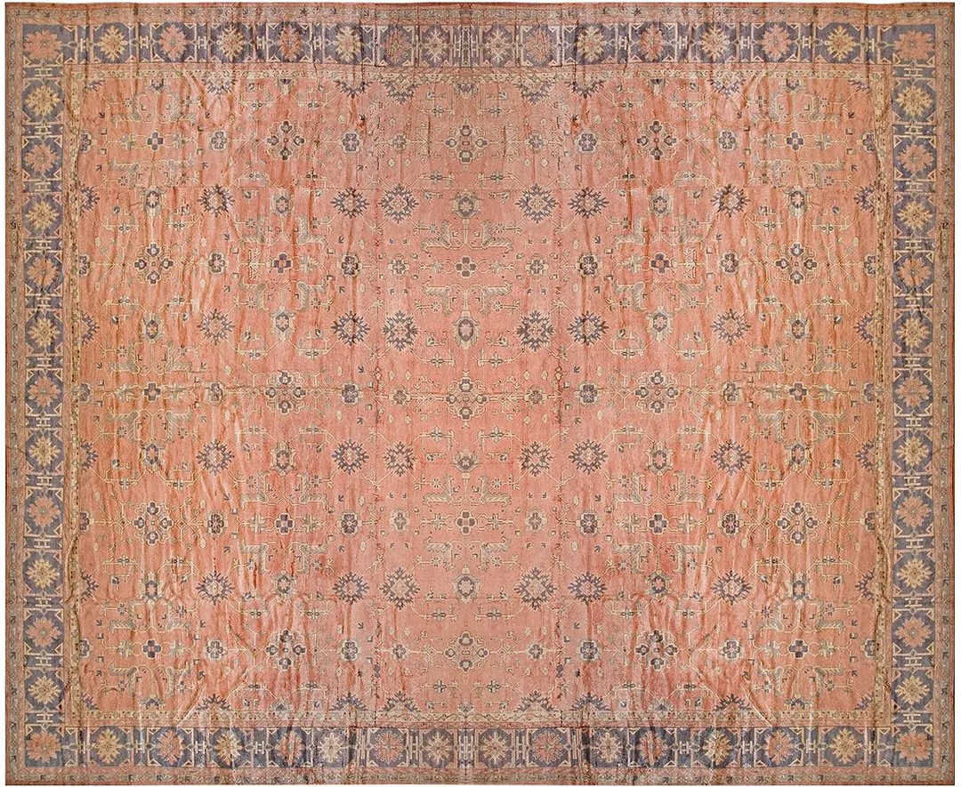 Coral antique square oversized allover geometric pattern antique turkish oushak rug