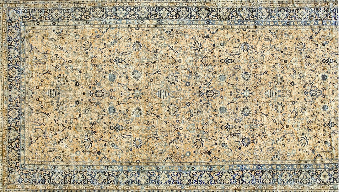 Fine antique warm cream color oversized floral vase design persian kerman carpet