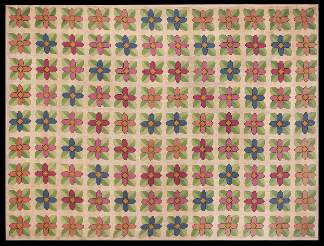 Ivory room size antique geometric floral american folk art design hooked rug