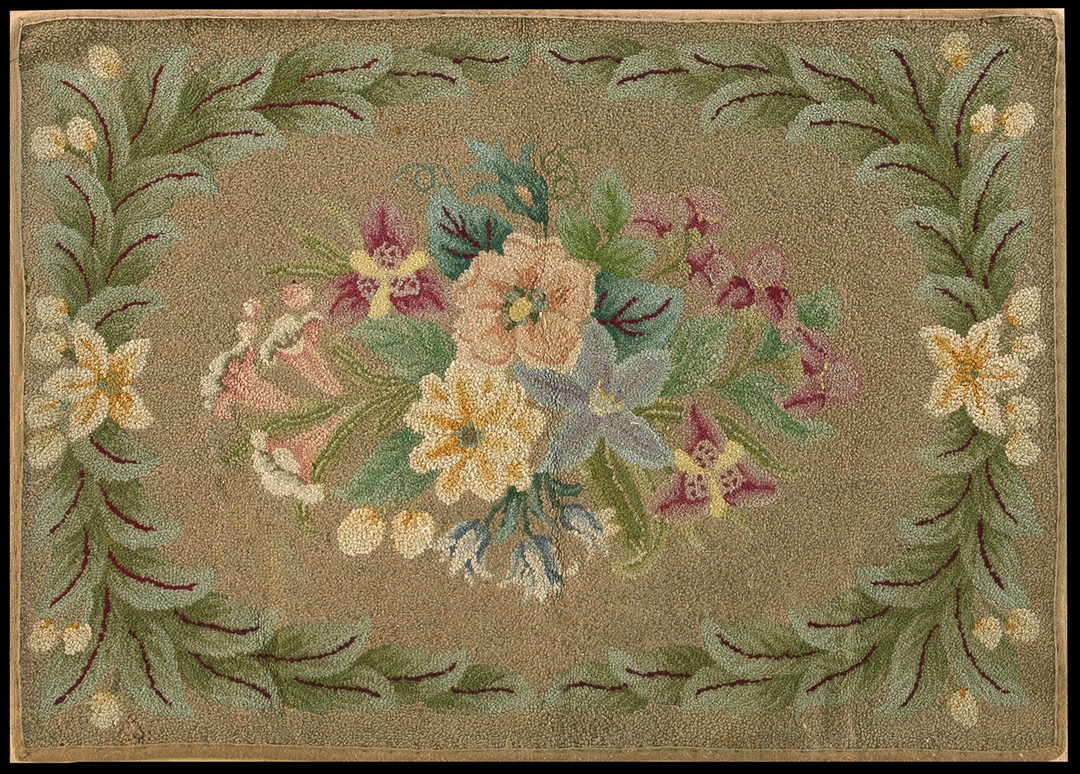 Small size cream color antique 1930 european influenced floral inlay design american hooked rug
