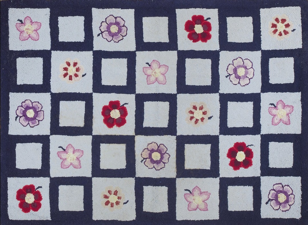 Pale gray color geometric folk art checkerboard design antique american folk art hooked rug