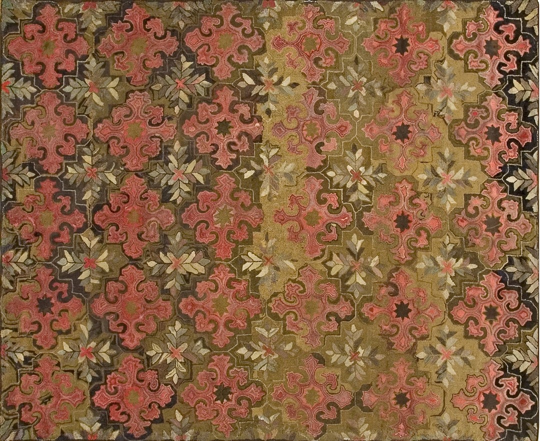 Green antique room size american folk art design hooked area rug