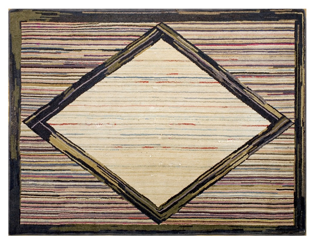 Ivory diamon and colorful stripes antique american geometric folk art hooked rug
