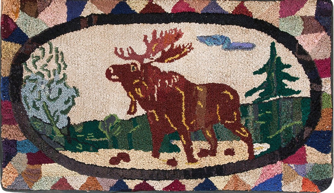 Ivory scenic pictorial moose design antique american folk art hooked rug