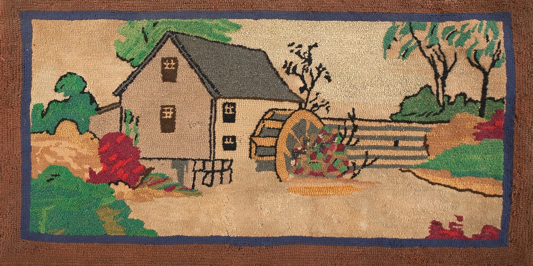 Small antique scenic pictorial folk art landscape farm house design american hooked rug