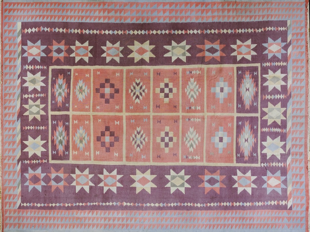 Vintage mid century modern geometric indian flatweave cotton dhurrie rug