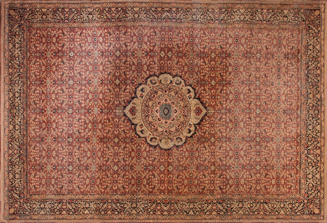Antique late 19th century fine rustic floral persian room size tabriz medallion carpet