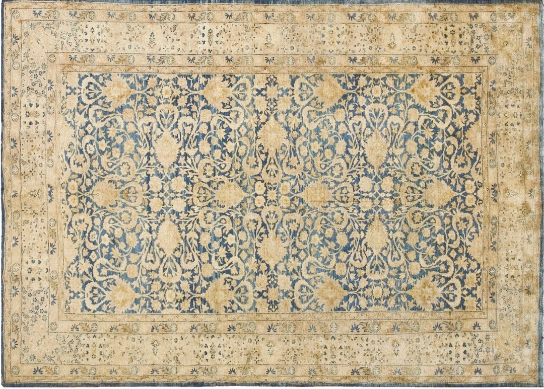 Decorative cream and light blue color antique persian allover floral pattern tabriz rug