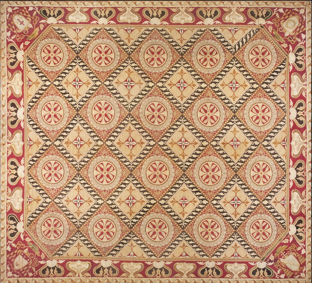 Remarkable geometric design antique square oversized french flat woven needlepoint rug