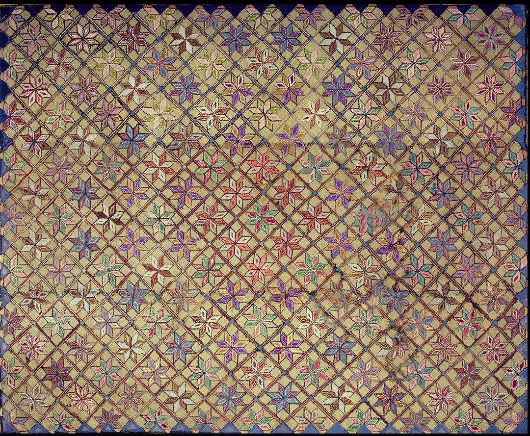 Antique allover floral wool & cotton hooked - loop pile ivory beige cream white 1920s rug