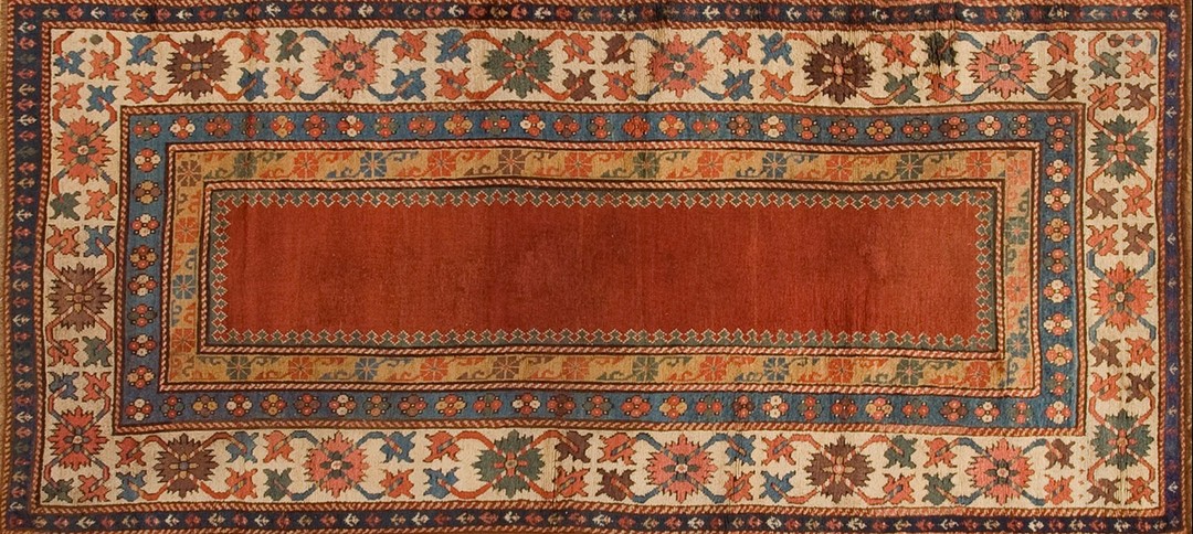 Rust color solid open field mid 19th century tribal geometric caucasian kazak carpet