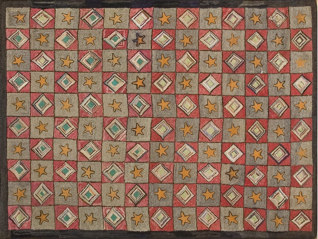 Squarish antique american geometric folk art star design hooked rug