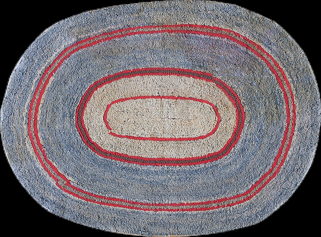 Small size oval shape antique american minimalist folk art hooked rug