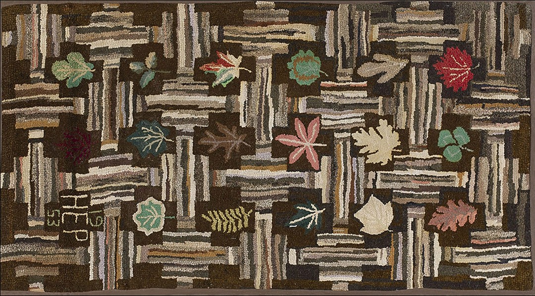 Bold brown color vintage mid century american folk art leafe pattern hooked rug