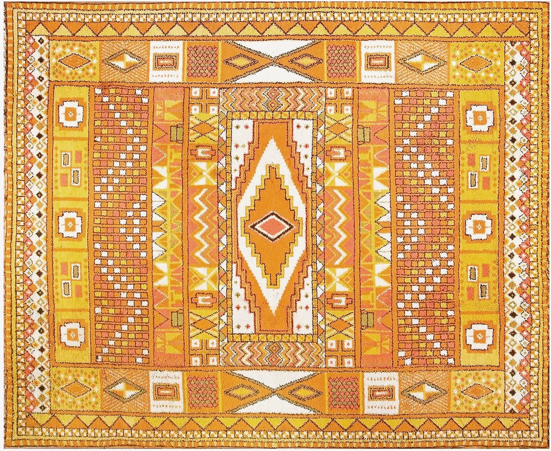 Vintage large room size orange gold color tribal geometric moroccan berber carpet