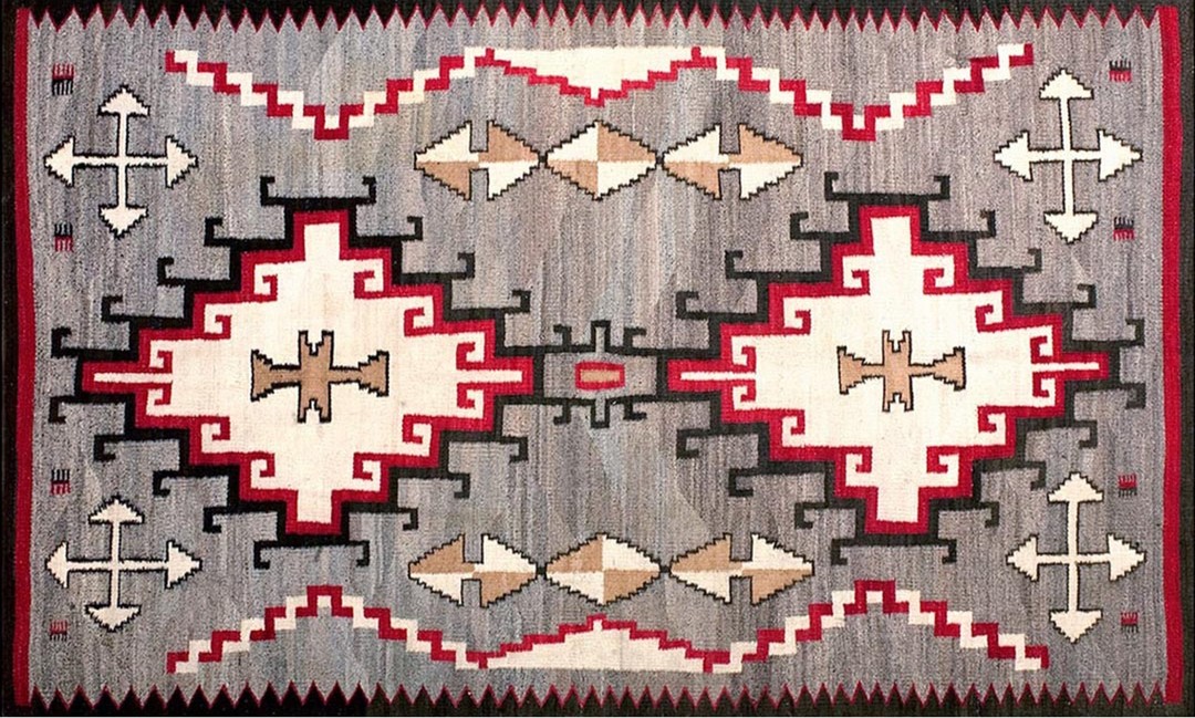 Antique gray background tribal geometric flatwoven native american navajo rug