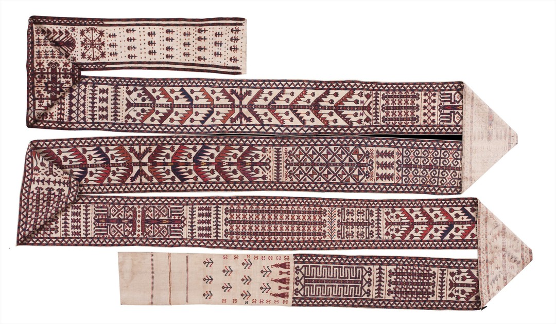 Antique extremely long and narrow central asian tribal yamoud tent band rug