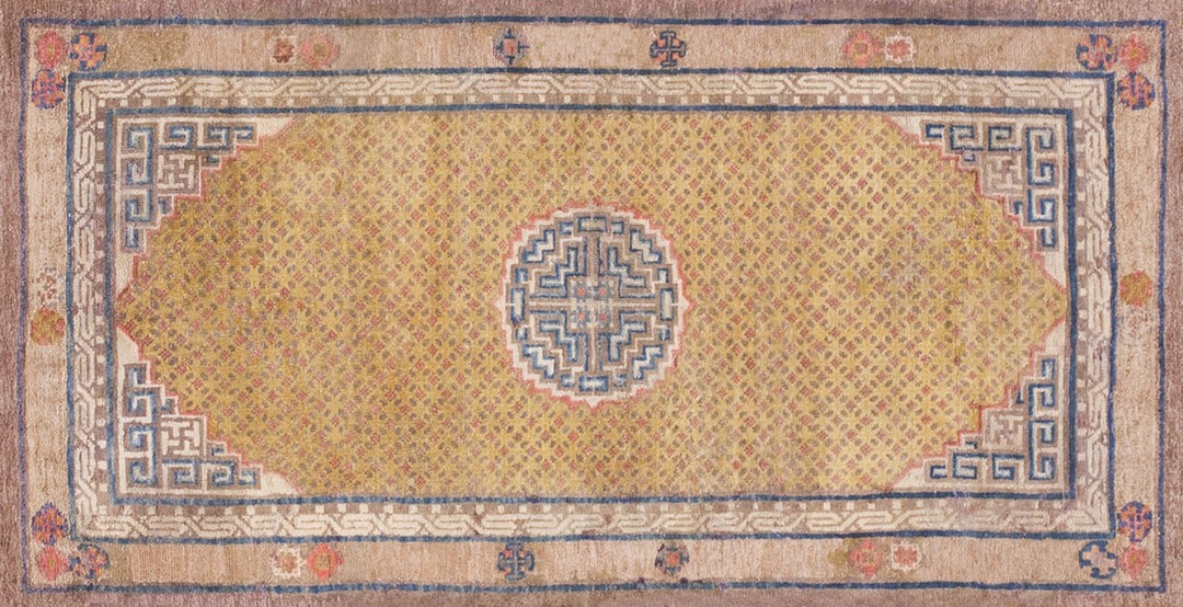 Small scatter size antique 19th century chinese ningxia medallion rug