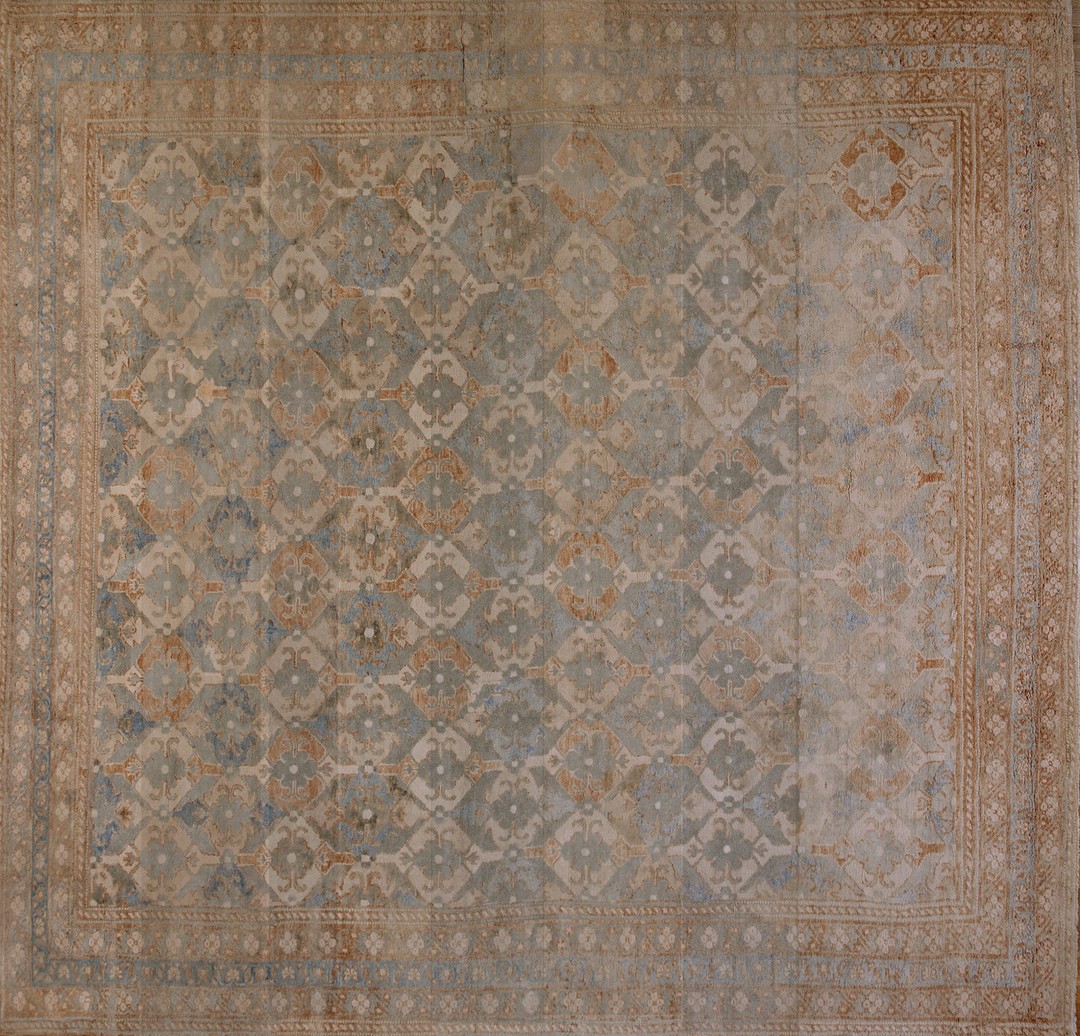Rare square shape gray color antique cotton pile 19th century indian agra geometric rug