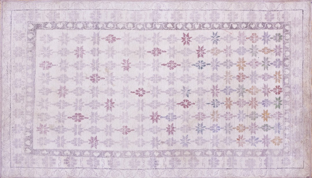 Light ivory color antique small size tribal geometric indian agra cotton pile area rug