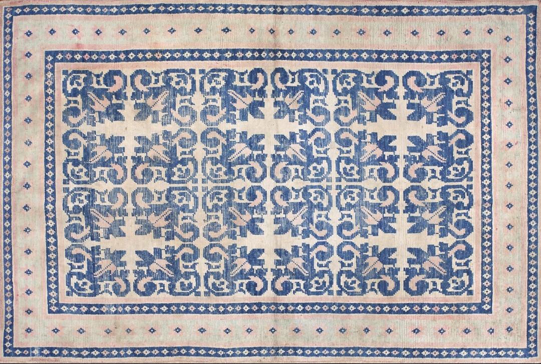Antique indian white and blue color geometric design cotton agra area rug