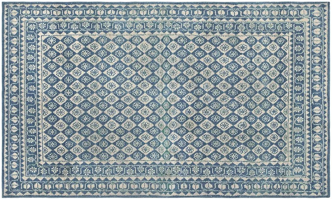 Ivory and blue antique indian allover geometric floral grid design cotton agra rug