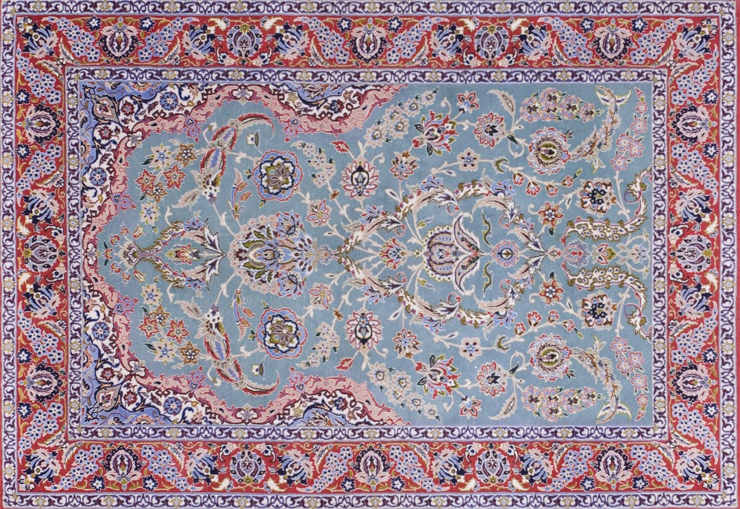 Fine vintage persian isfahan small scatter size blue green prayer rug