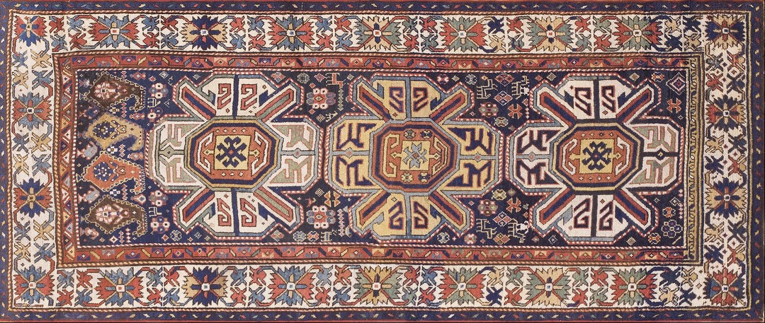 Antique caucasian allover geometric wool hand knotted pile blue 1880s rug