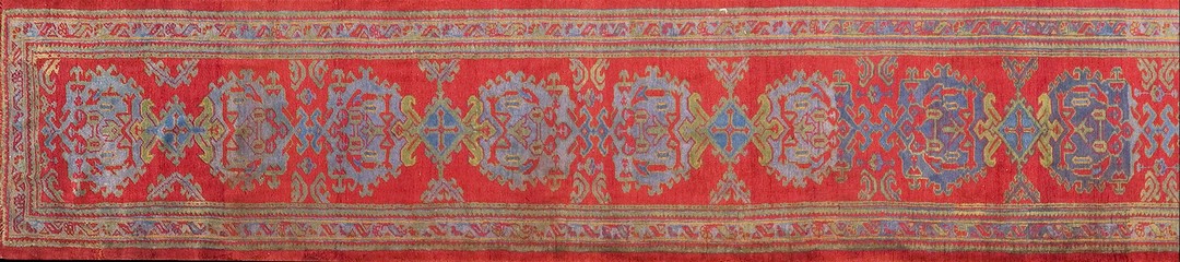 Antique large scale tribal arts and crafts design turkish oushak very long wool hallway runner rug