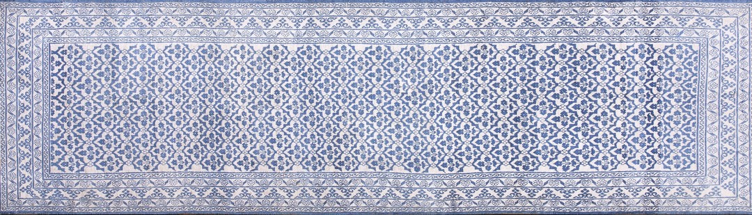 Crisp blue and white color antique floral trellis pattern cotton agra runner