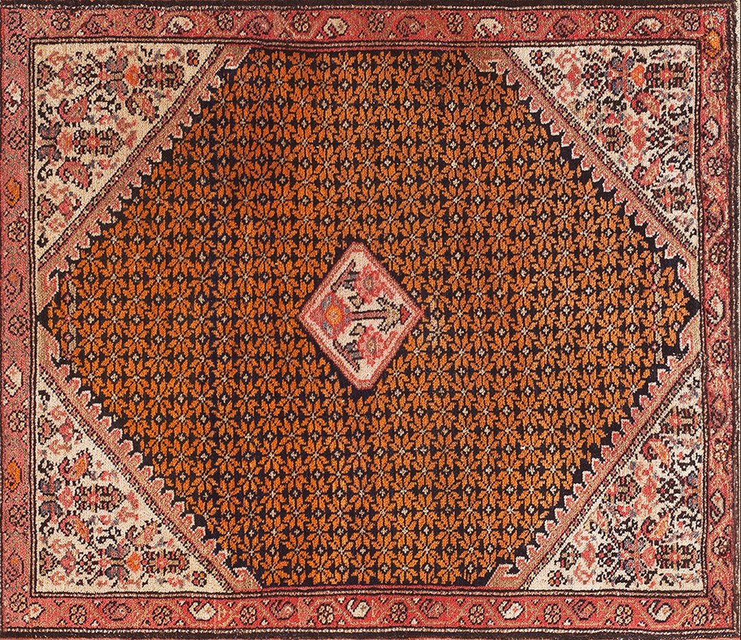 Small square shape antique persian malayer wool pile throw rug