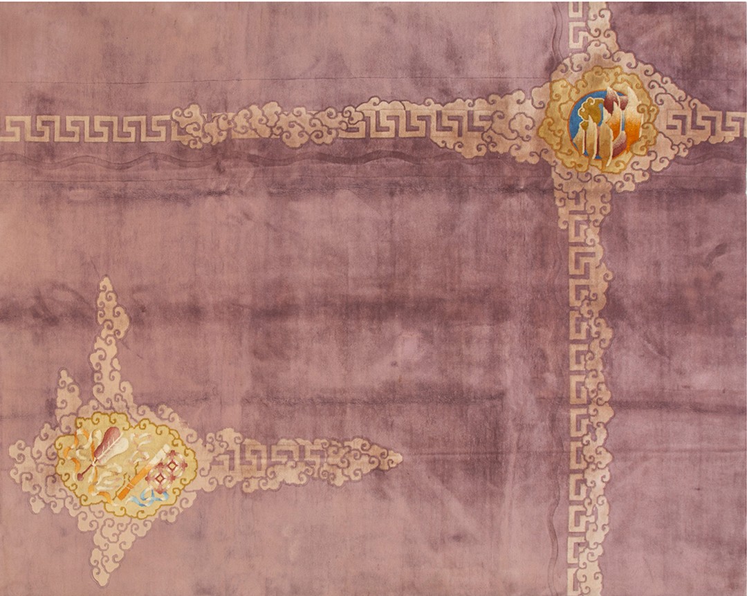 Antique geometric open lavender color field wool hand knotted deco chinese rug