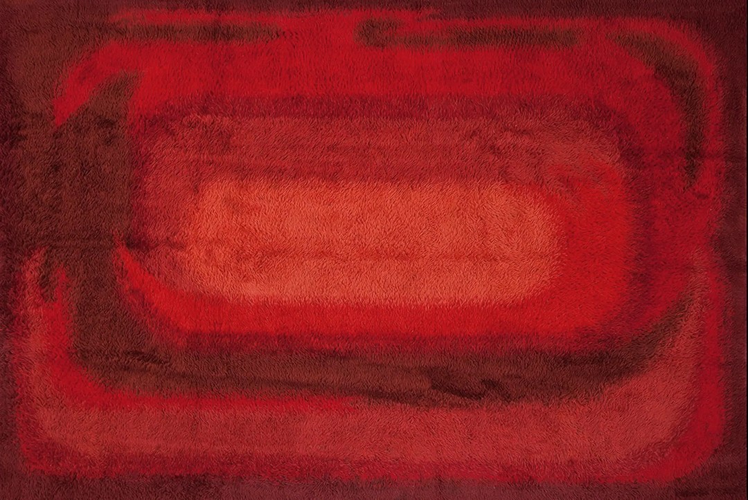 Vintage mid century modern swedish scandinavian red room size shag rya rug