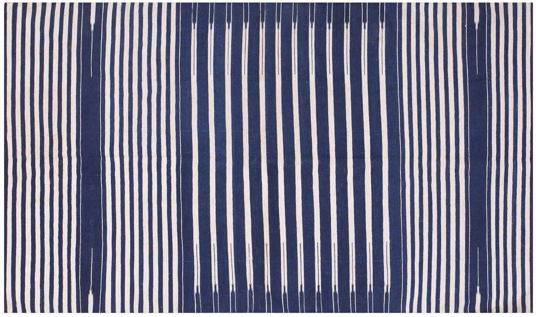 Small scatter size antique blue white stripe pattern cotton dhurrie kilim rug