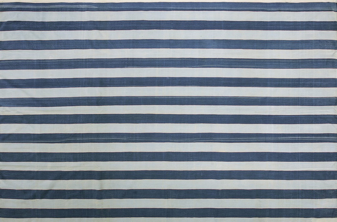 Blue and white stripes antique indian room size flatwoven cotton dhurrie rug