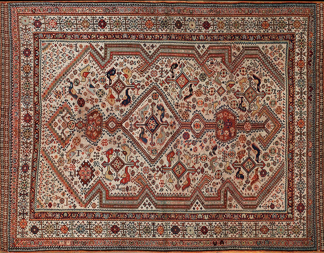 Rare light ivory color antique tribal design late 19th century persian khamse rug