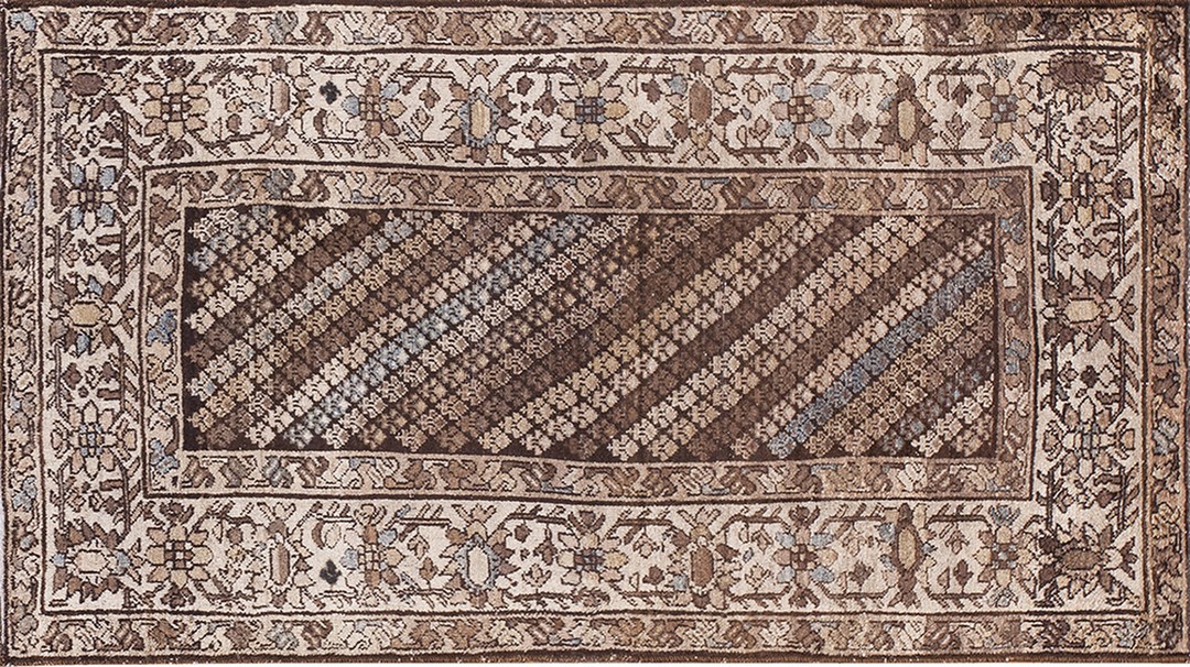Small brown earth tone color antique tribal persian malayer rug