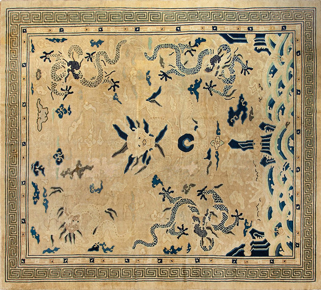 Ivory antique late 19th century square shape room size chinese peking cloud band dragon carpet