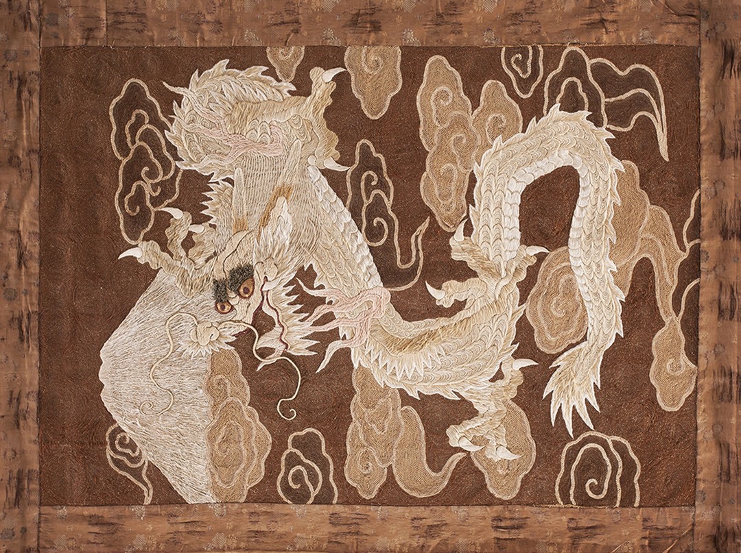 Antique chinese textile small wool & silk brown dragon embroidery wall hanging