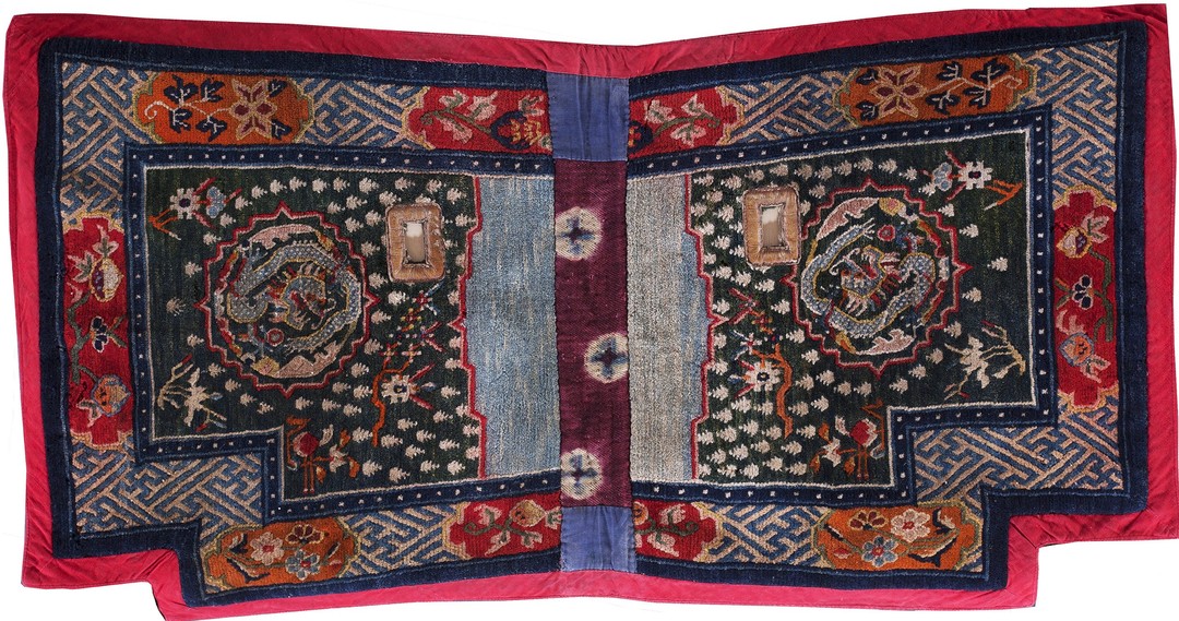 Antique chinese small scatter size wool green rug